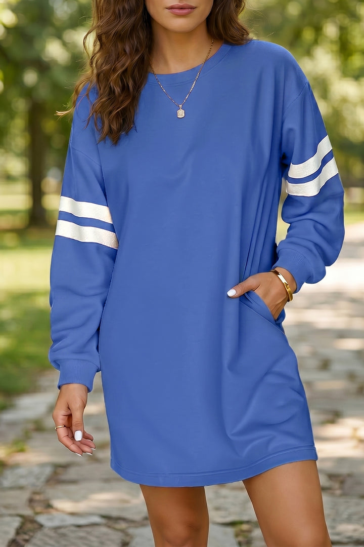 Sky Blue Varsity Contrast Banded Sleeve Shift Sweatshirt Dress