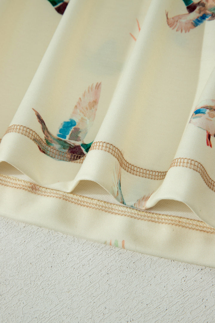 Beige Mallard Duck Print Oversized Tee Drawstring Short Set