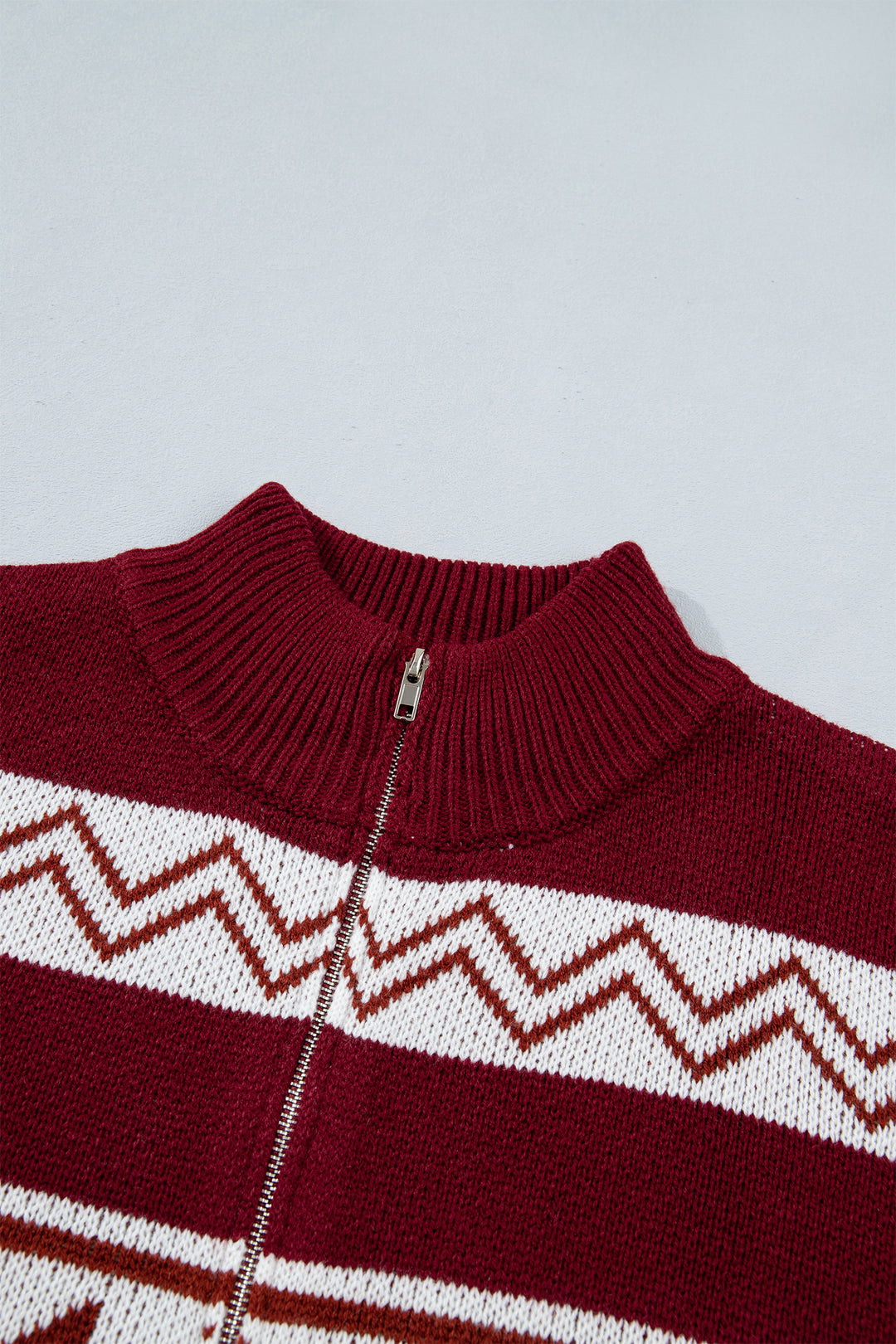 Red Geometric Pattern Zip-Up Knit Regular Fit Cardigan