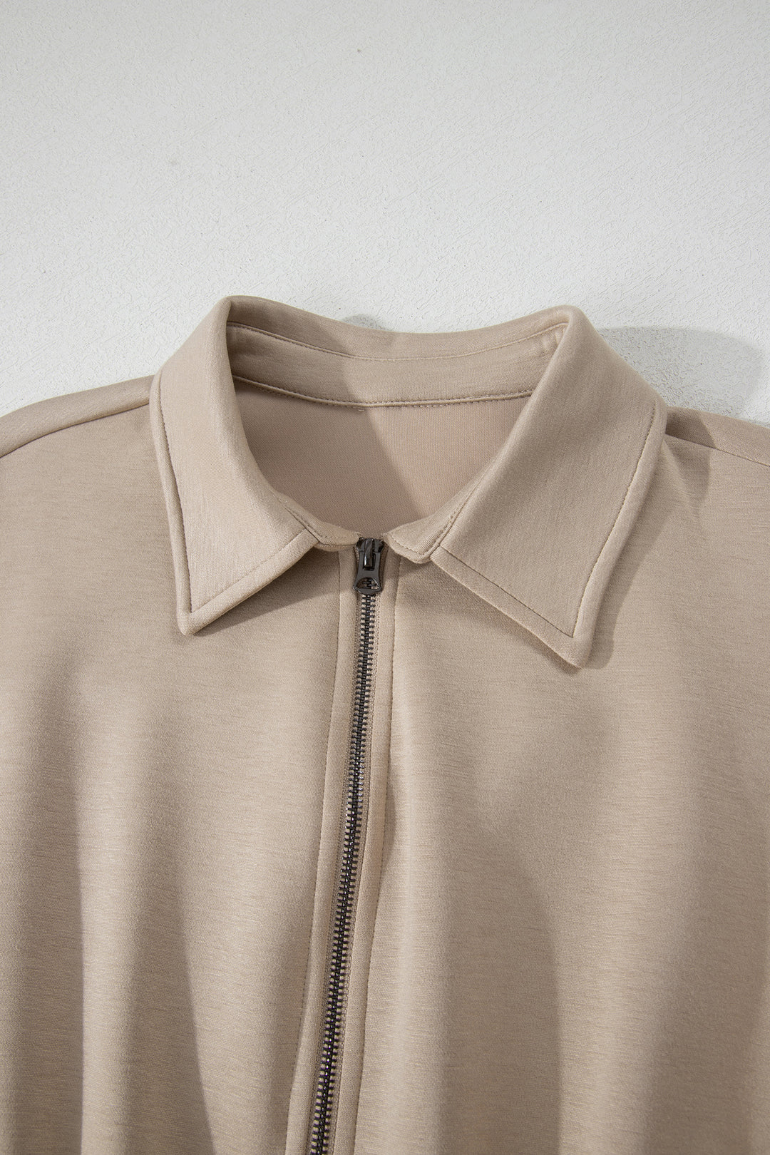 Dark Khaki Solid Color Zip Front Short Sleeve Collared Jumpsuit