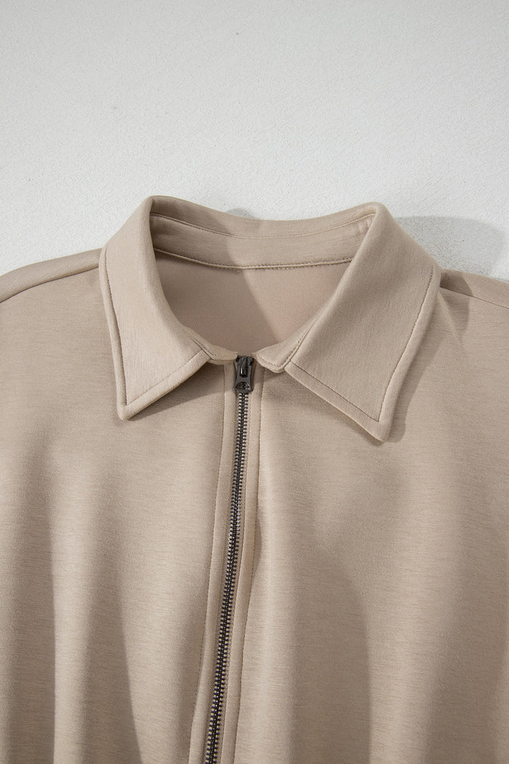 Dark Khaki Solid Color Zip Front Short Sleeve Collared Jumpsuit