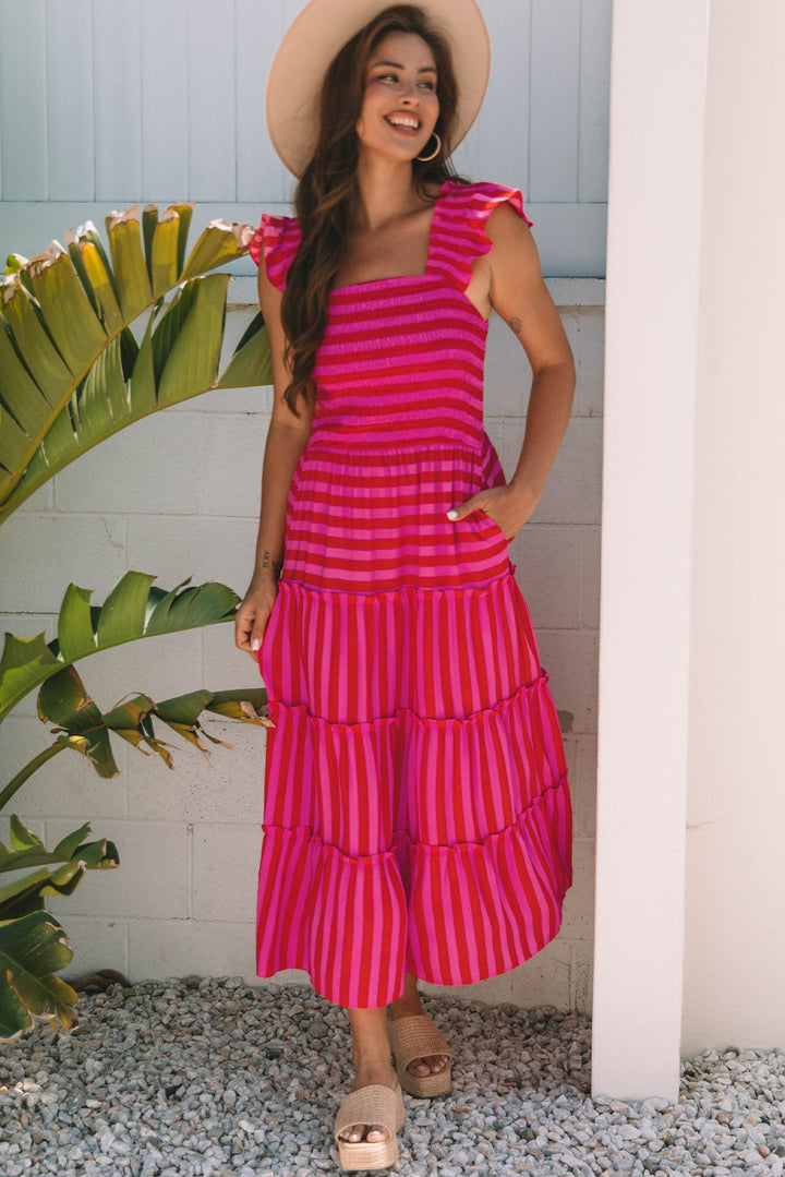 Flutter Sleeve Smocked Bodice Tiered Maxi Dress