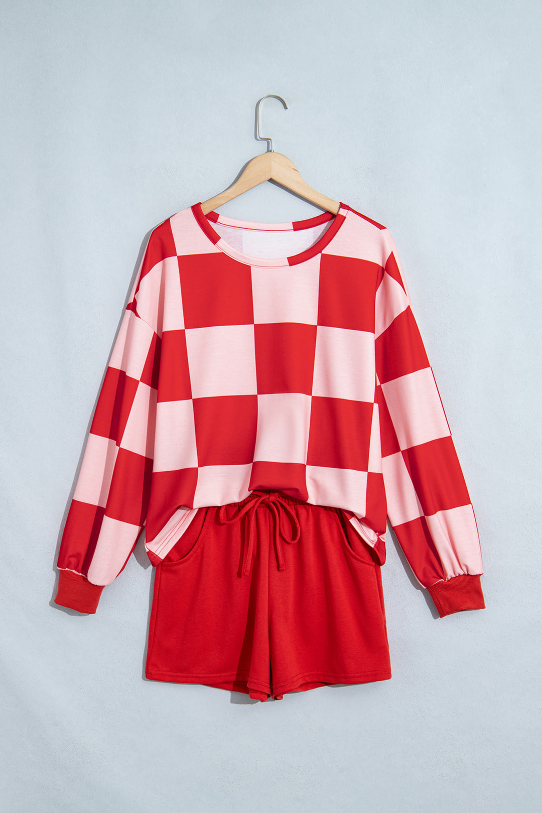 Red Checkerboard Plaid Long Sleeve Solid Color Shorts 2pcs Set