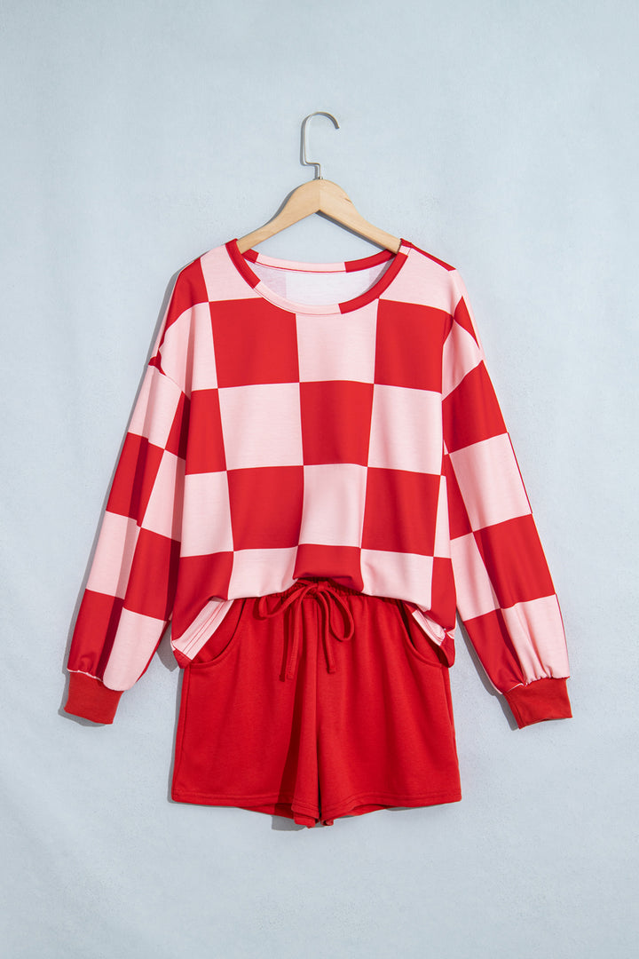 Red Checkerboard Plaid Long Sleeve Solid Color Shorts 2pcs Set