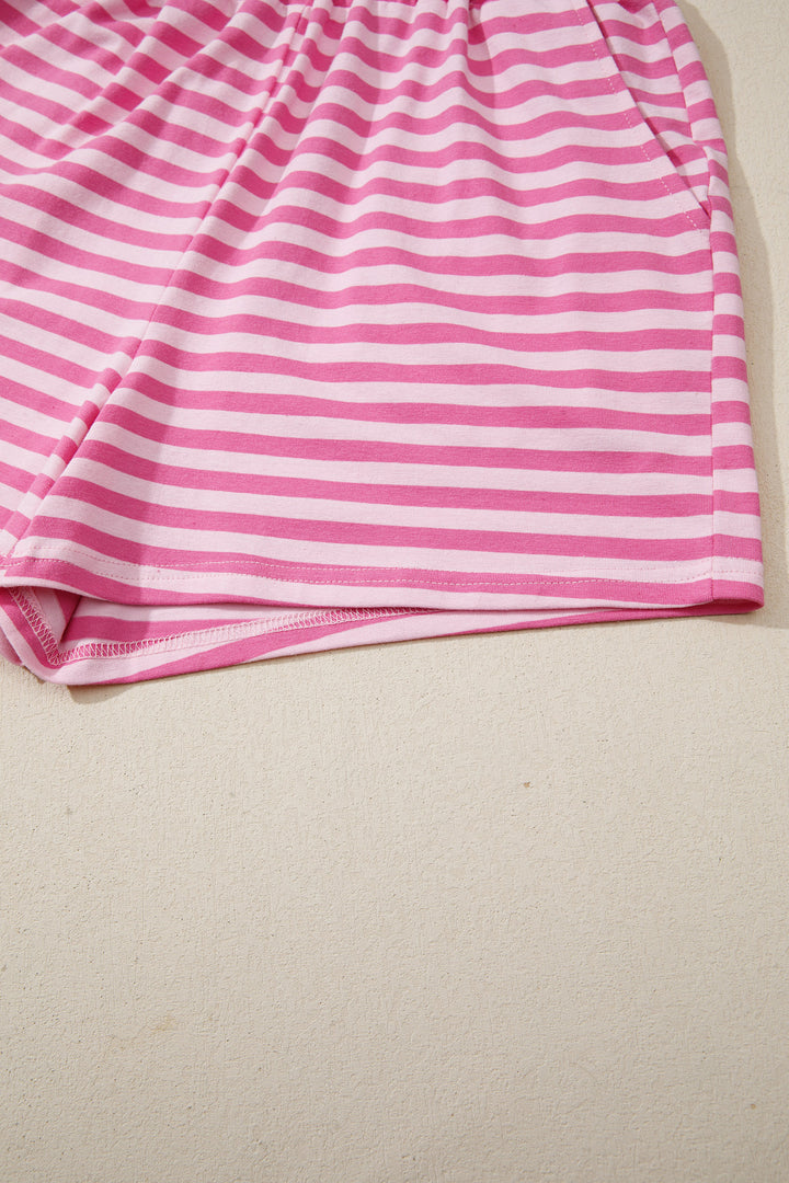 Pink Stripe Cap Sleeve Tee Elastic Waist Shorts 2pcs Outfit