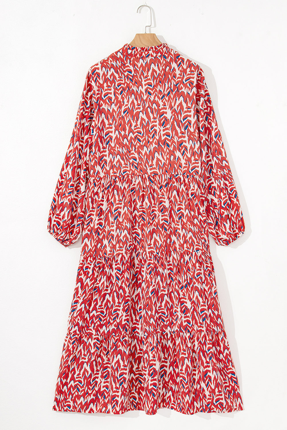 Red Abstract Print Notch V Neck High Waist Plus Size Maxi Dress