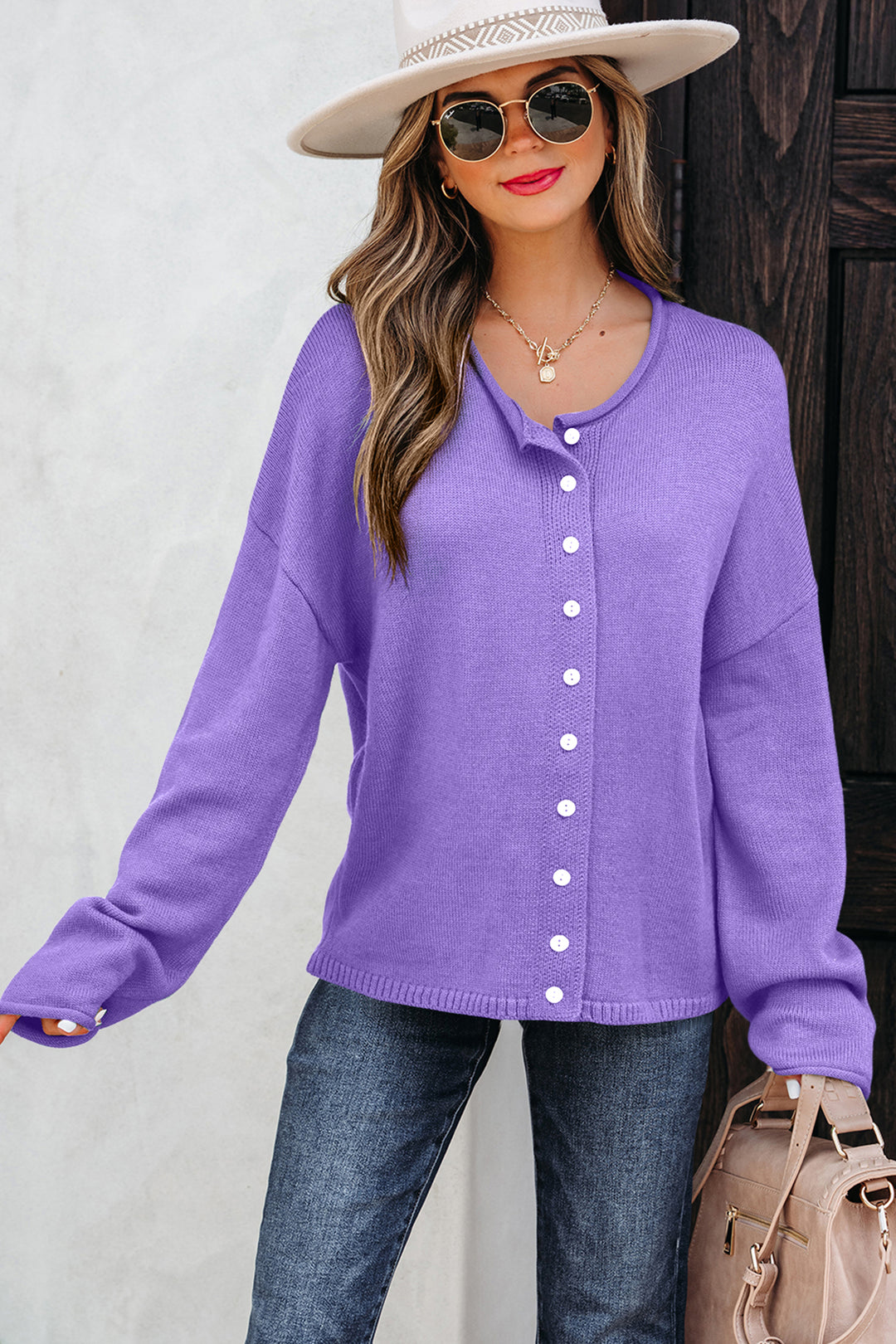 Wisteria Solid Color Knit Button Sweater Cardigan