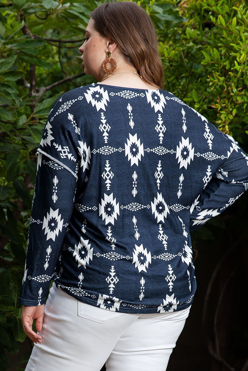 Plus Size Aztec Print Exposed Seam Top