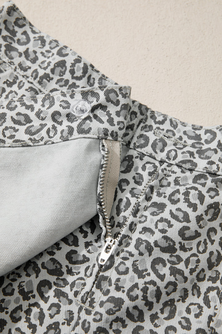 Gray Leopard Print Wrap Front Denim Shorts