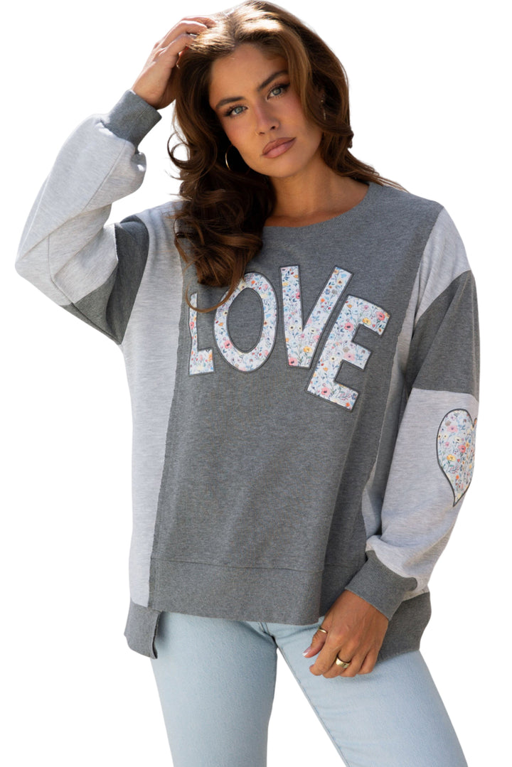 LOVE Graphic Exposed Seam Patchwork Uneven Hem Chic Sweatshirt