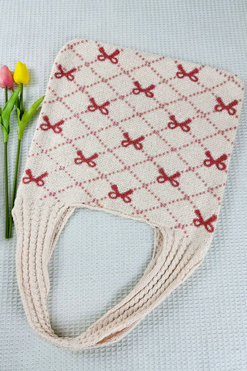 Bow Argyle Pattern Cable Knit Handle Tote Bag
