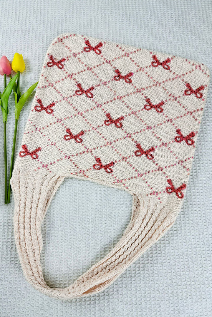 Bow Argyle Pattern Cable Knit Handle Tote Bag