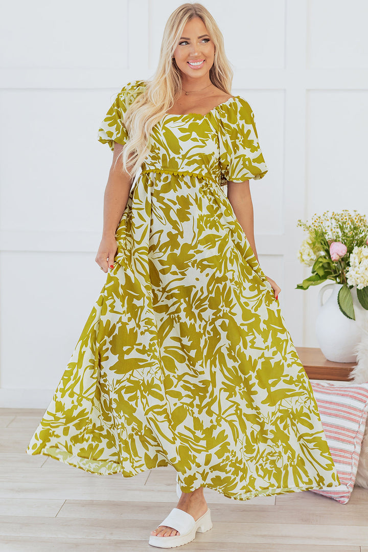 Scalloped Trim Square Neck High Waist Floral Maxi Dress