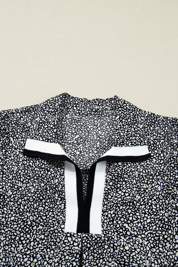 Leopard Print Contrast Striped Trim Polo Collar Short Sleeve Dress with Pockets