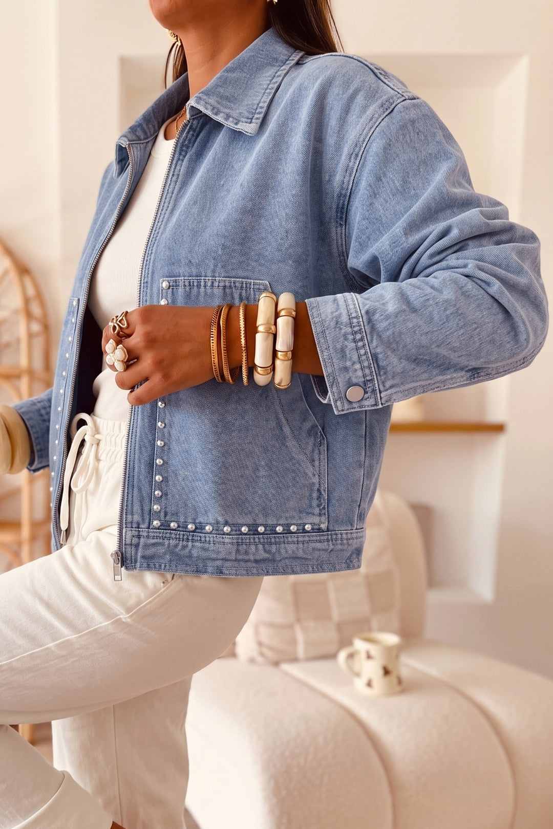 Beau Blue Studded Metal Zipper Rivet Pockets Denim Jacket