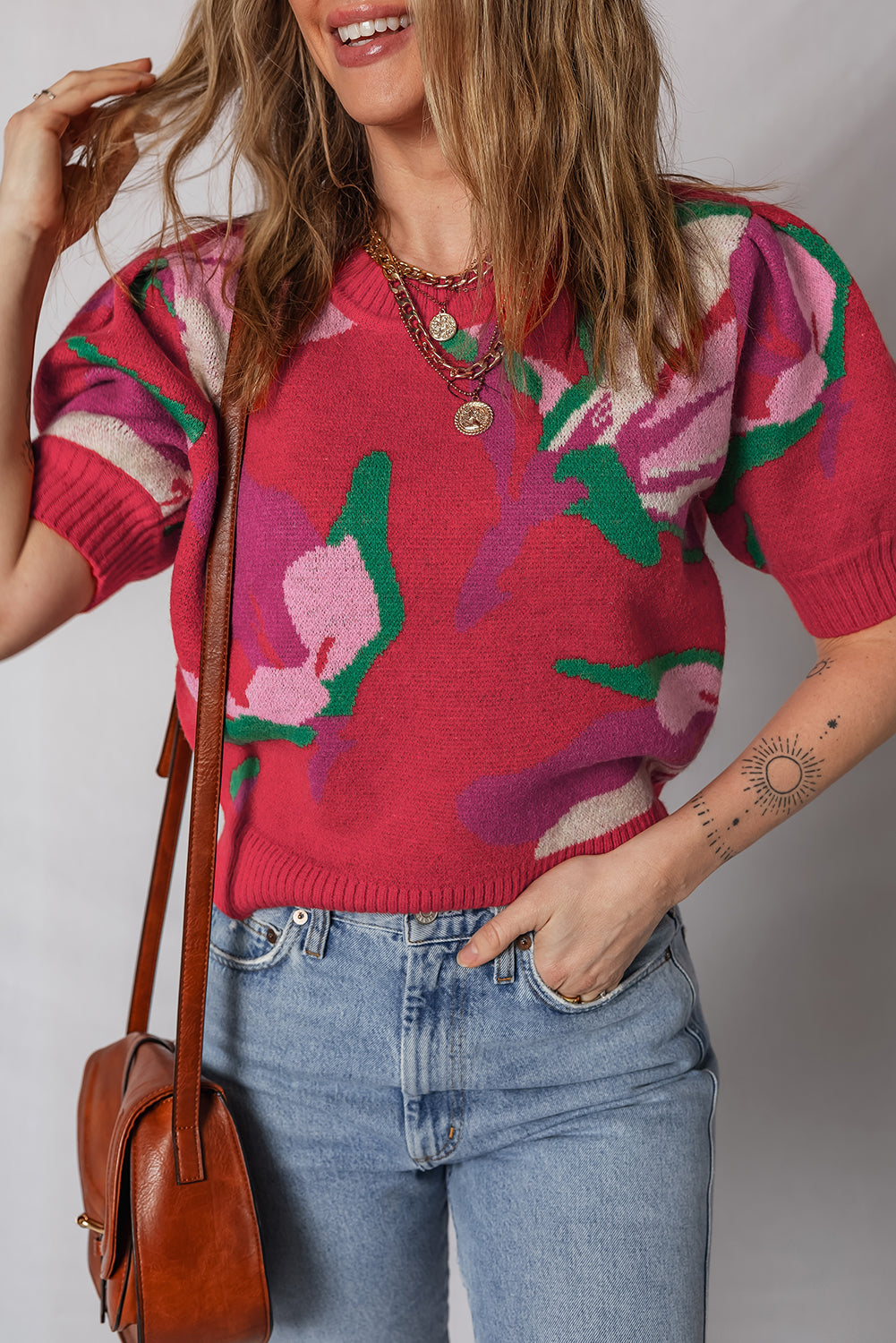 Floral Abstract Print Short Puff Sleeve Sweater
