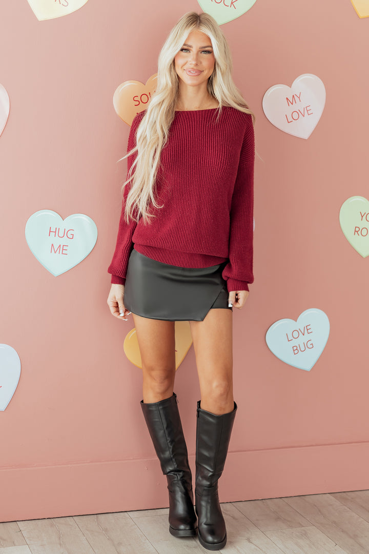 Ribbed Knit Ribbon Knot Backless Drop Shoulder Sweater