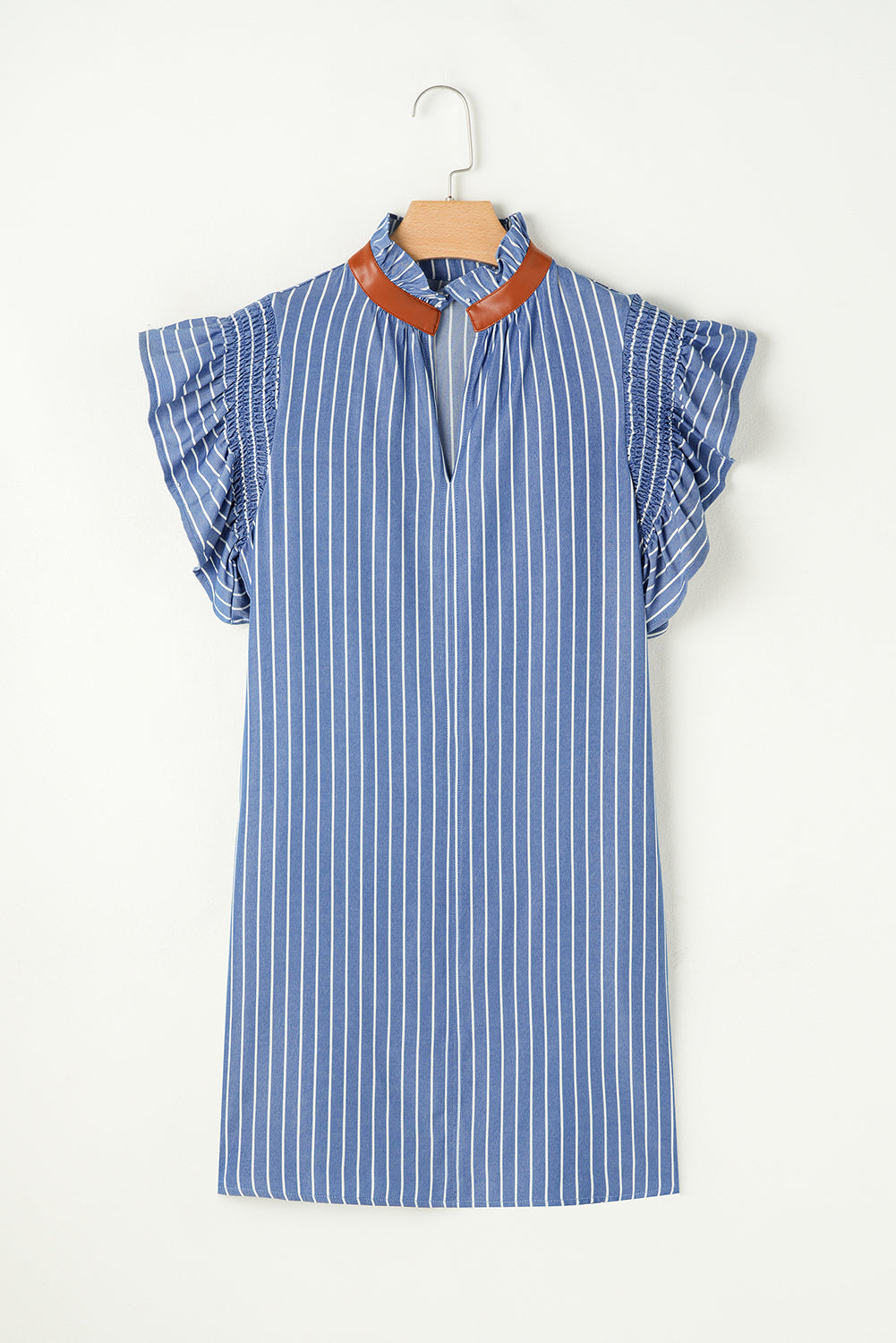 frilly split neck shirred ruffle sleeve short shift dress