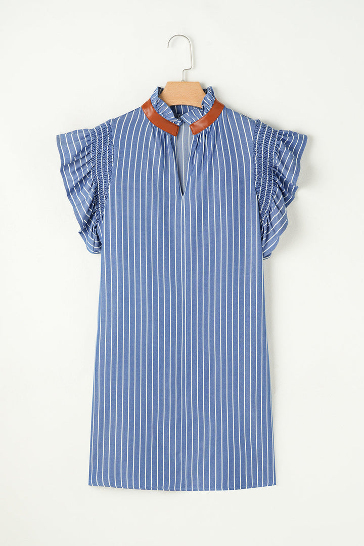frilly split neck shirred ruffle sleeve short shift dress