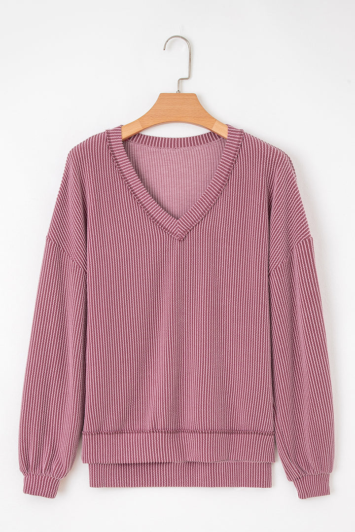 Twisted Rib V Neck Drop Shoulder Loose Sleeve Oversize Top