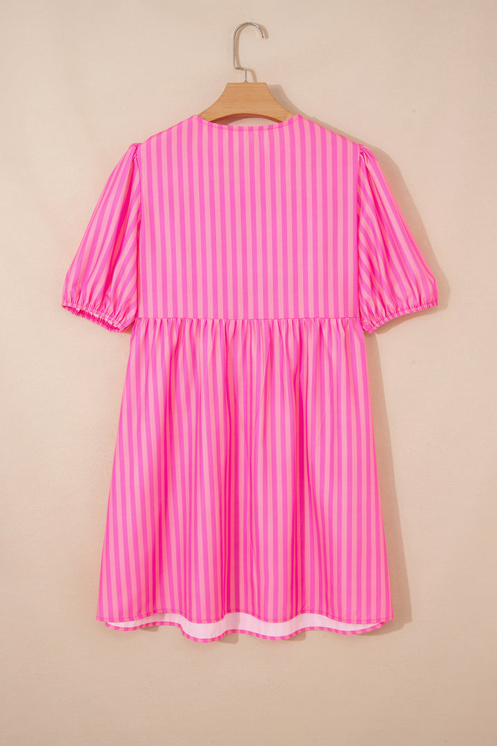 Striped Print Bow Detail Short Puff Sleeve Mini Dress
