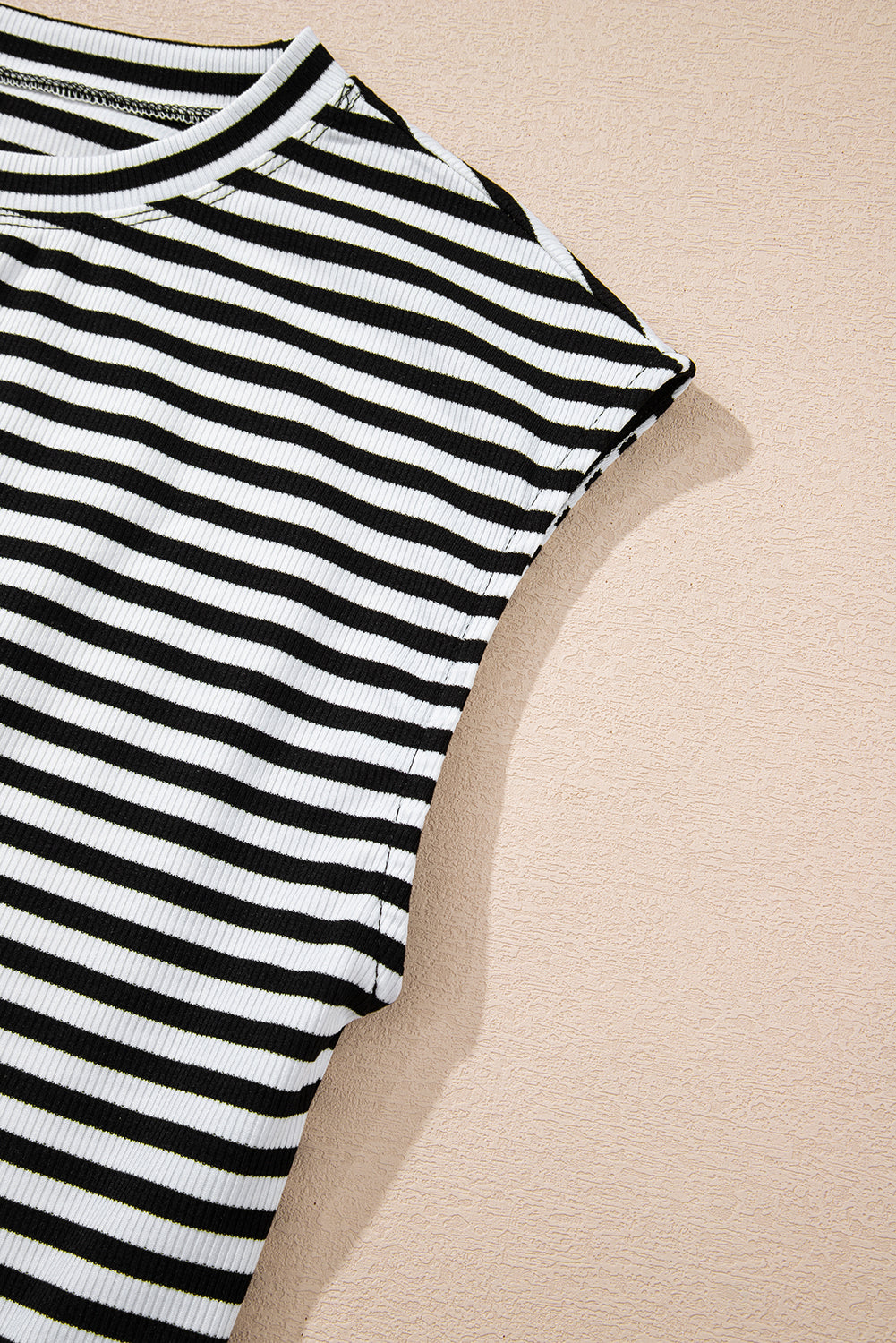 Ribbed Cap Sleeve Round Neck T Shirt