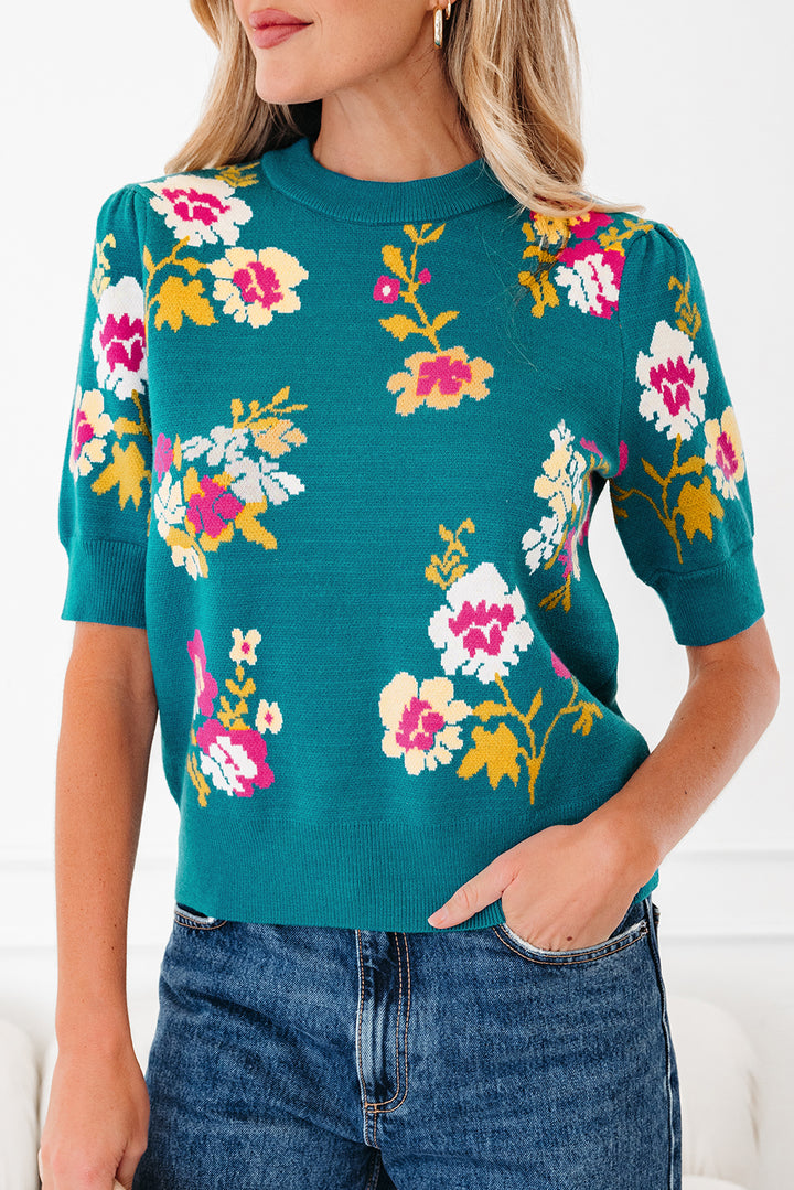 Flower Pattern Mock Neck Short Sleeve Knitted T Shirt