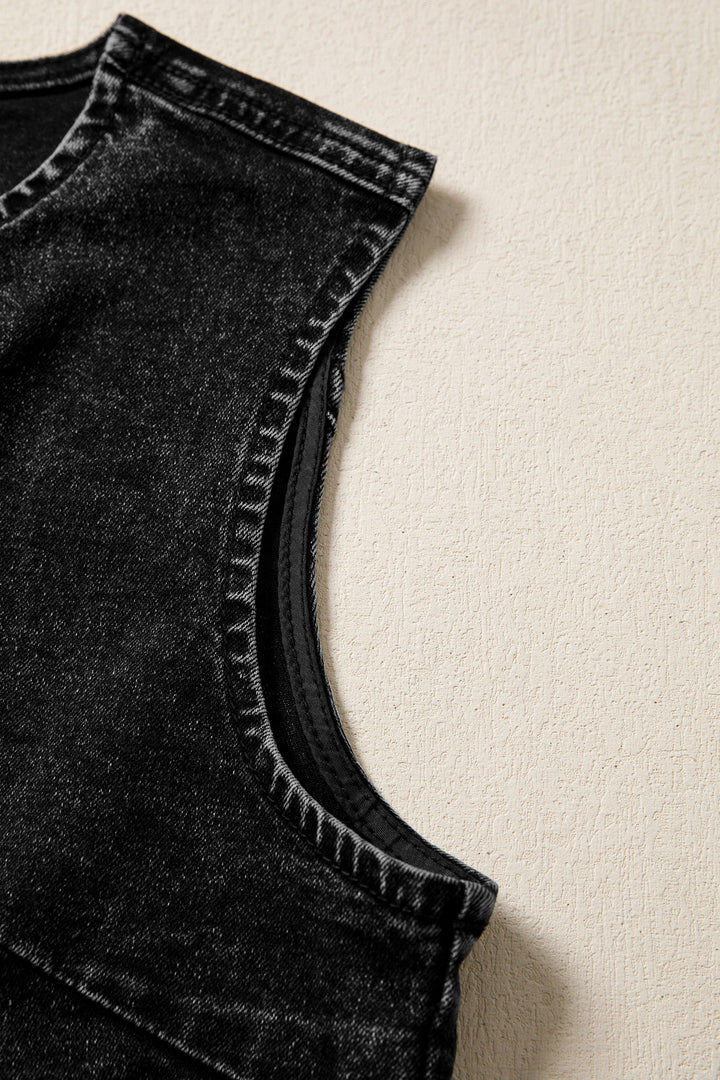 Black Buttoned Front Slit Denim Vest