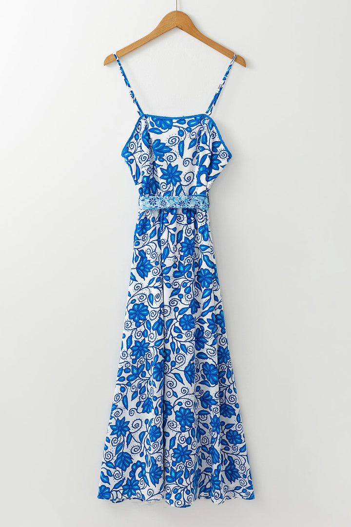 Floral Printed Spaghetti Strap Maxi Dress with Waist Tie