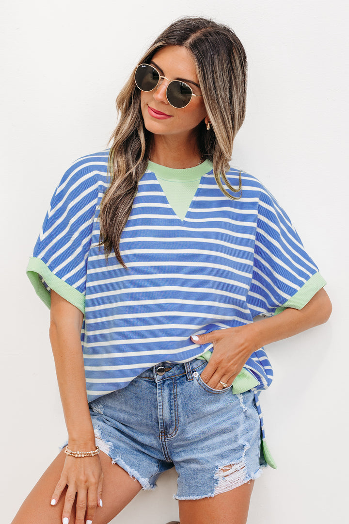 Casual Sky Blue Stripe Loose Short Sleeve Top
