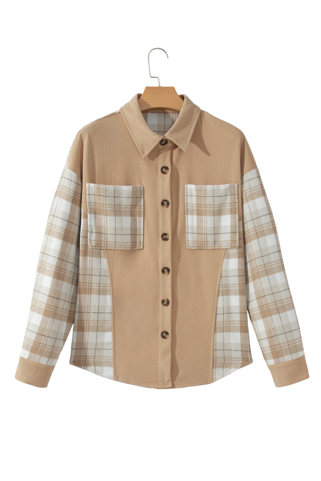 Light French Beige Plaid Colorblock Shirt Collar Shift Shacket