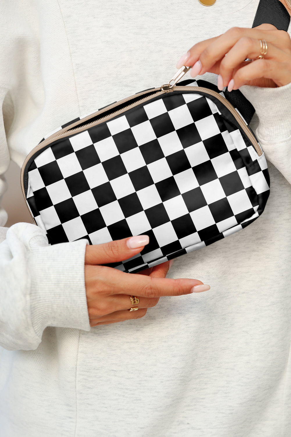 Checkered Print Buckle Wide Belt Crossbody Bag