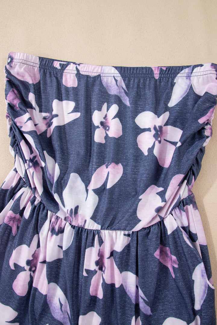 Gray Bandeau Floral Print Romper with Pockets