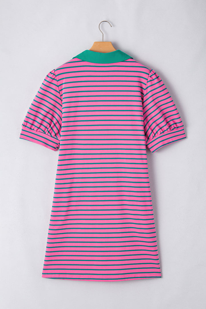Rose Stripe Collared V Neck Shift T Shirt Dress with Pockets