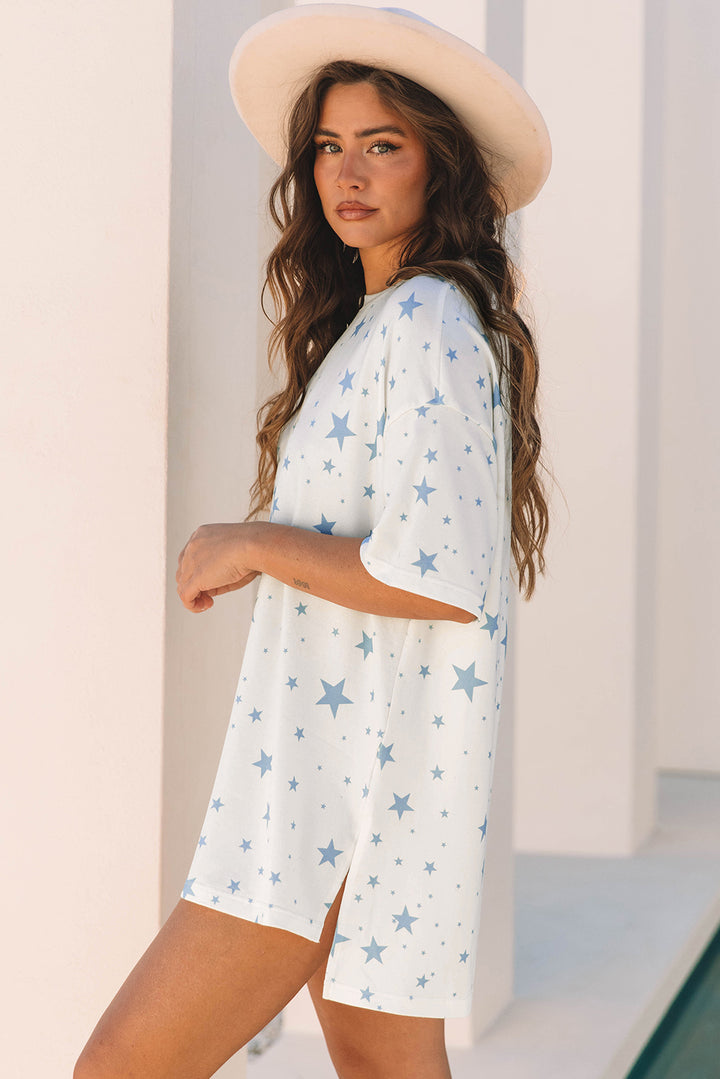 Stars Print Drop Shoulder Oversized T Shirt with Slits
