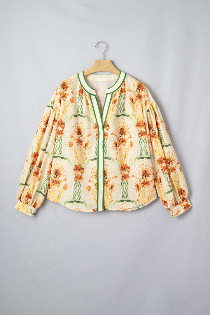 Yellow Floral Print V Neck Long Sleeve Shirt