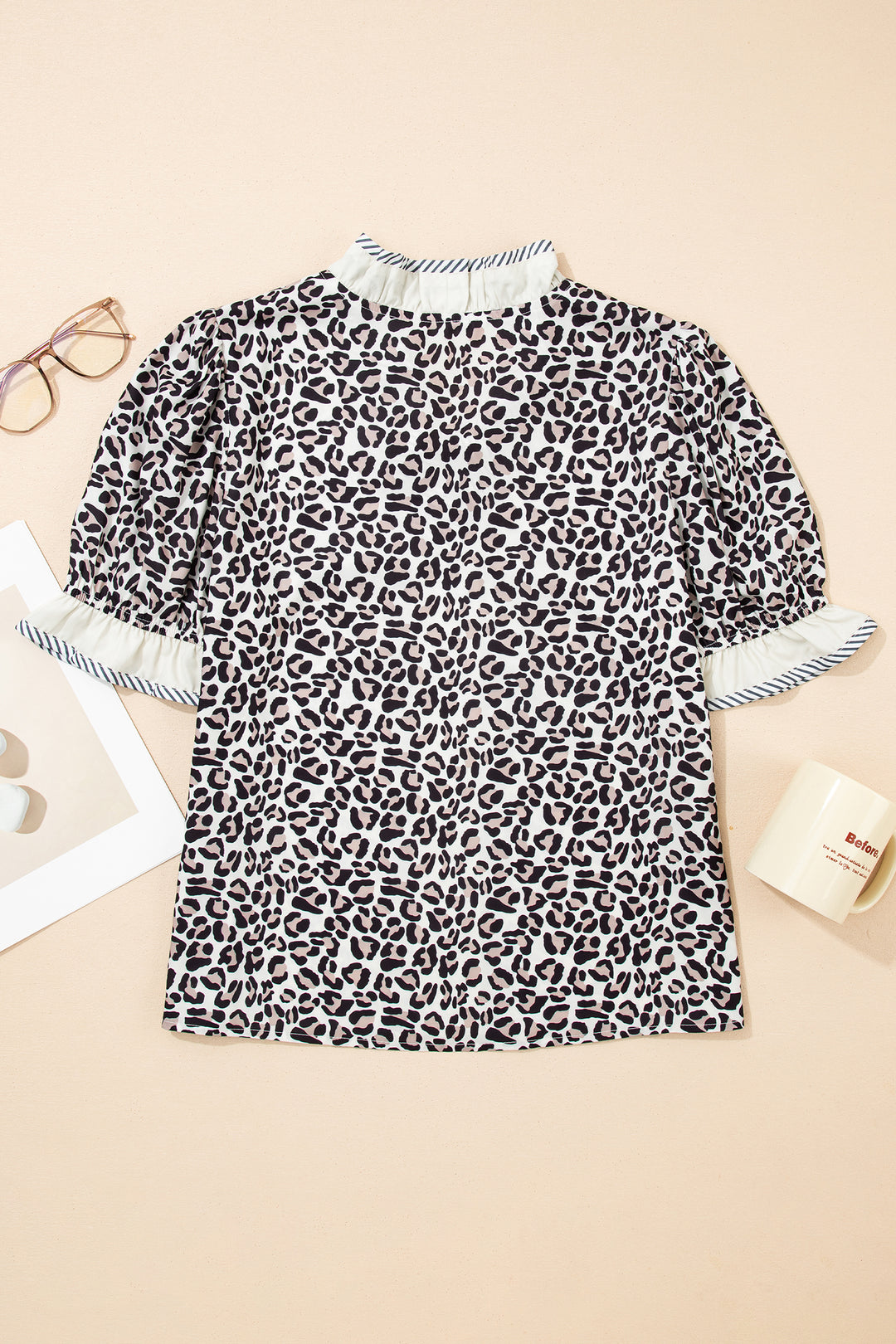 Leopard Print Striped Ruffled Color Block Trim V Neck Short Sleeve Blouse