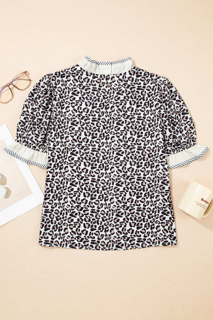 Leopard Print Striped Ruffled Color Block Trim V Neck Short Sleeve Blouse