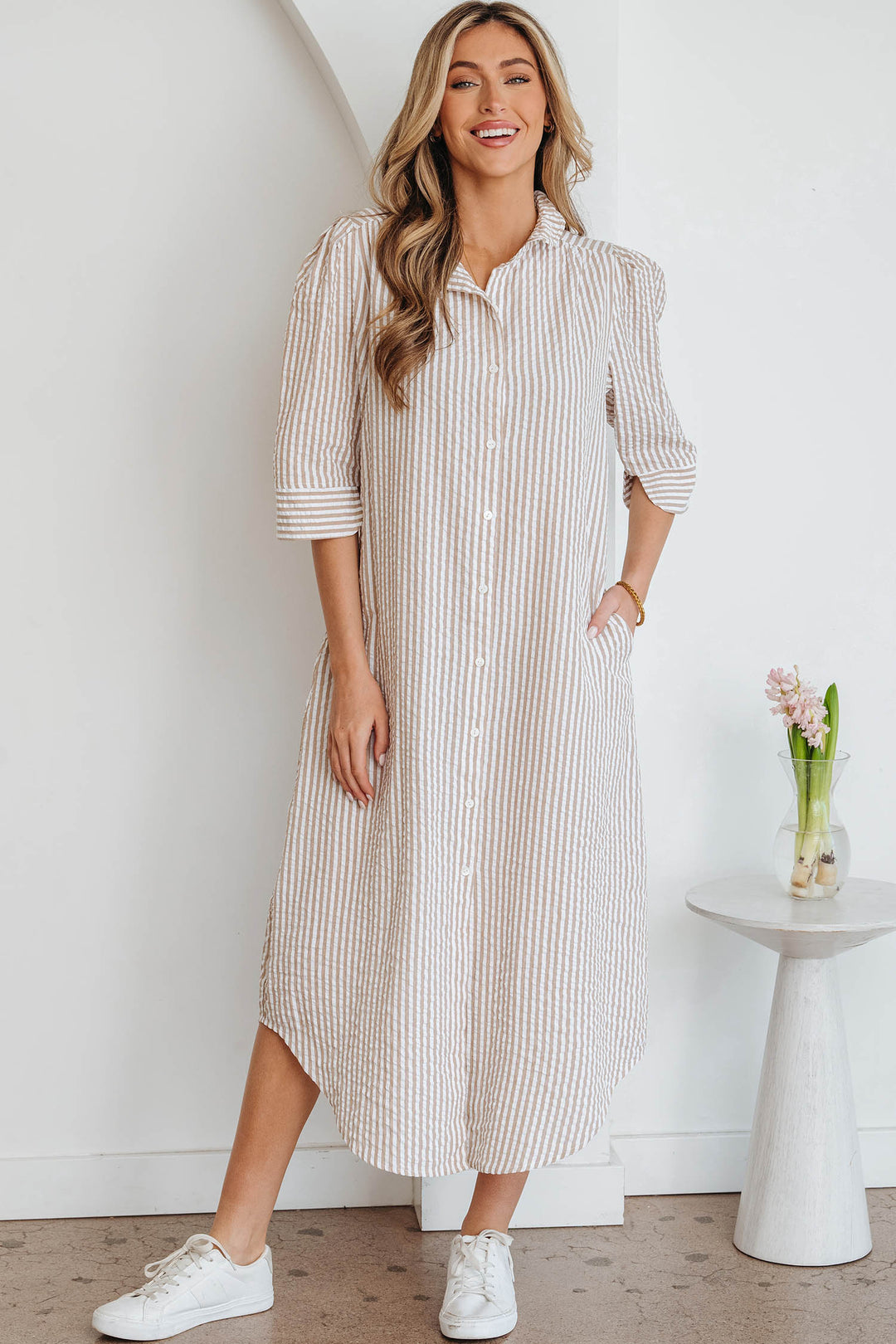 Frilled Collar Half Sleeve Shirt Maxi Dress