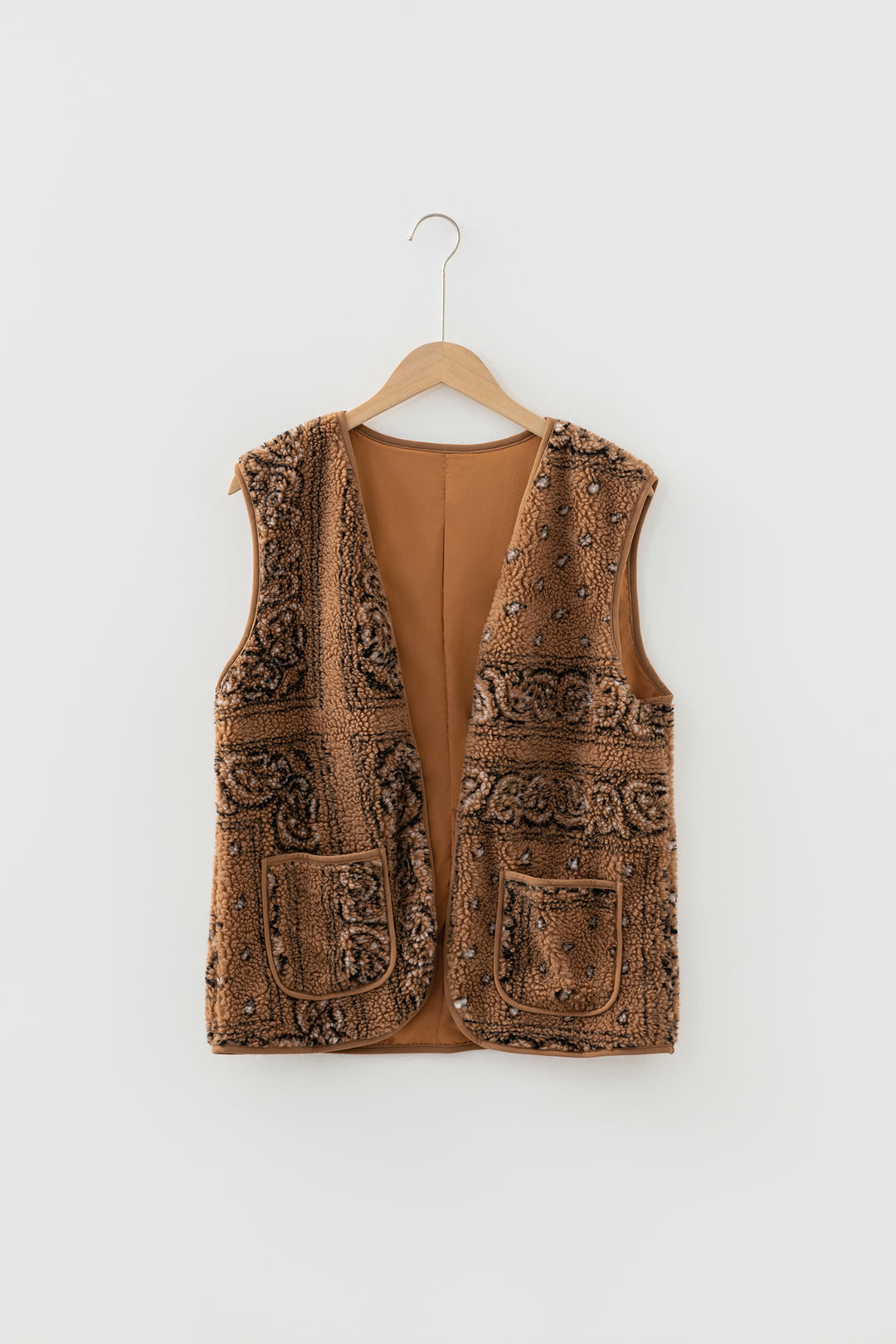 Brown Sherpa Paisley Print Pocketed Western Vest Jacket