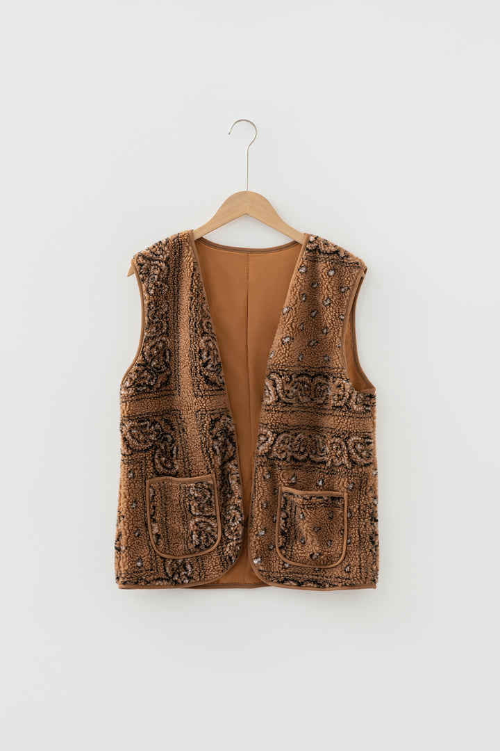 Brown Sherpa Paisley Print Pocketed Western Vest Jacket