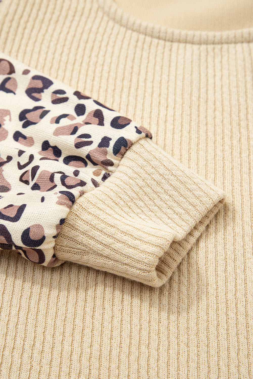 Leopard Sleeve Patchwork Ribbed Knit U Neck Top