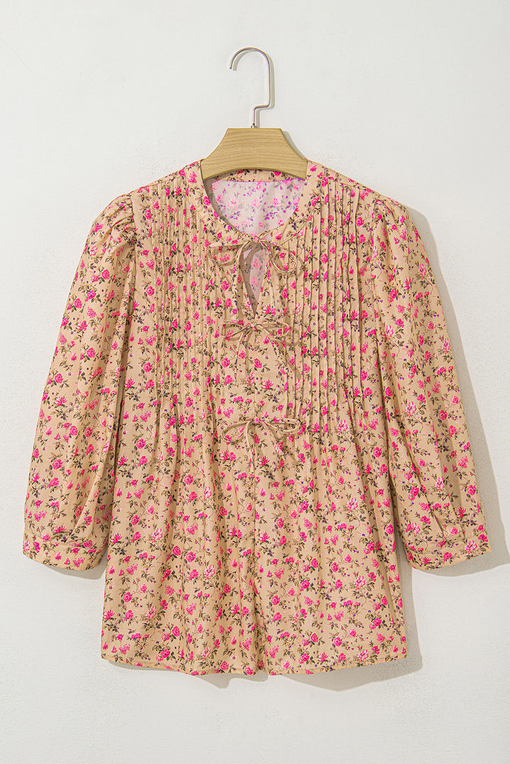 Floral Print Bow Pintuck Bust Half Puff Sleeve Blouse Top