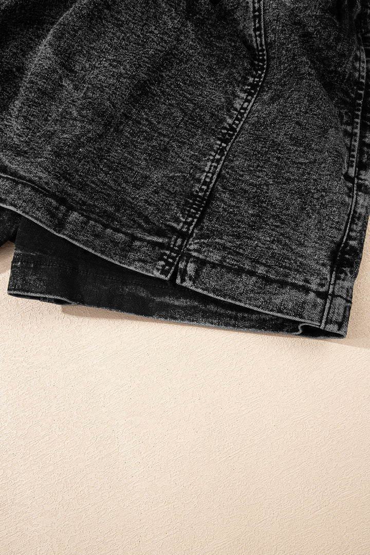 Black Drawstring Elastic Waistband Pocketed Denim Shorts
