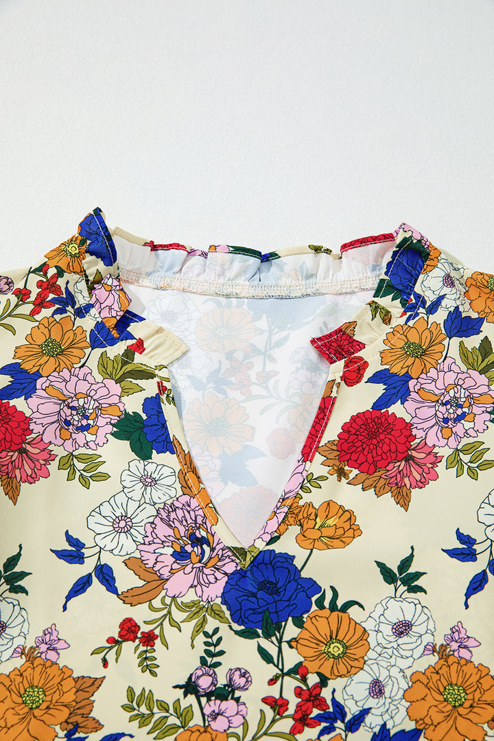 Ruffled Shoulder Long Sleeve Floral Blouse