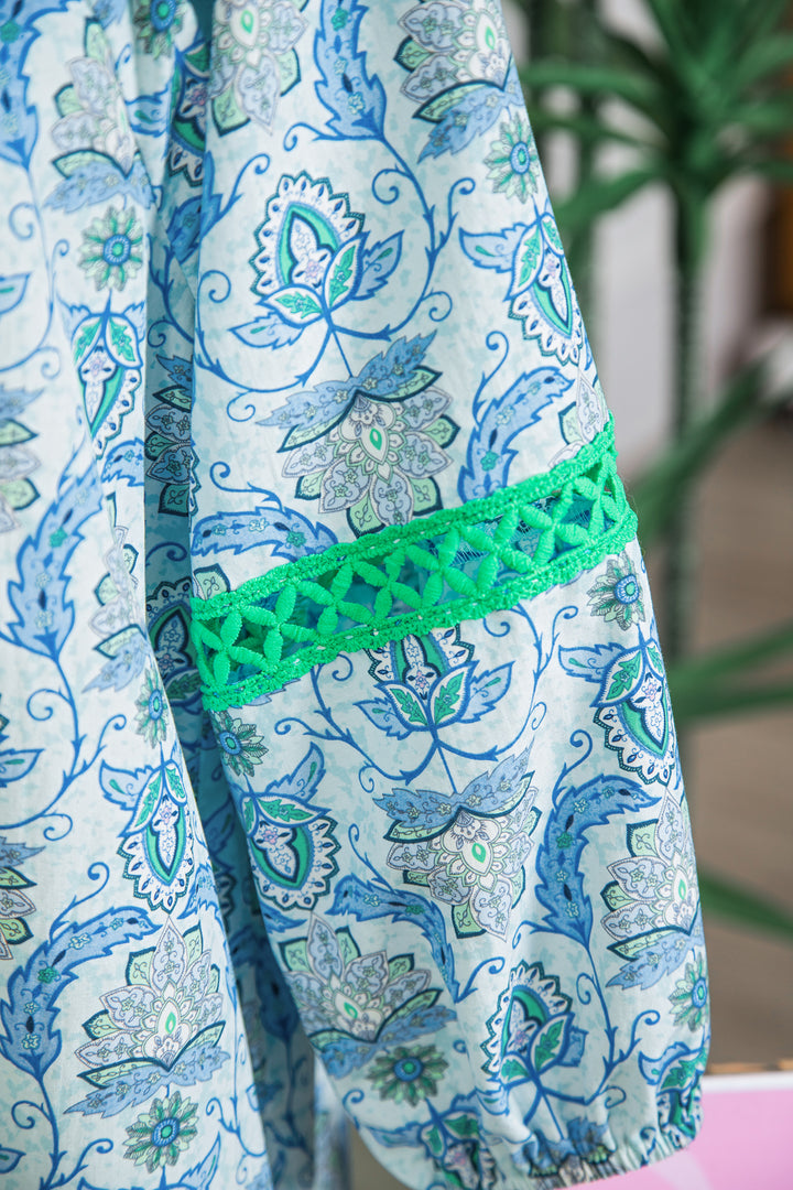 Sky Blue Boho Paisley Print Bracelet Sleeve Loose Mini Dress