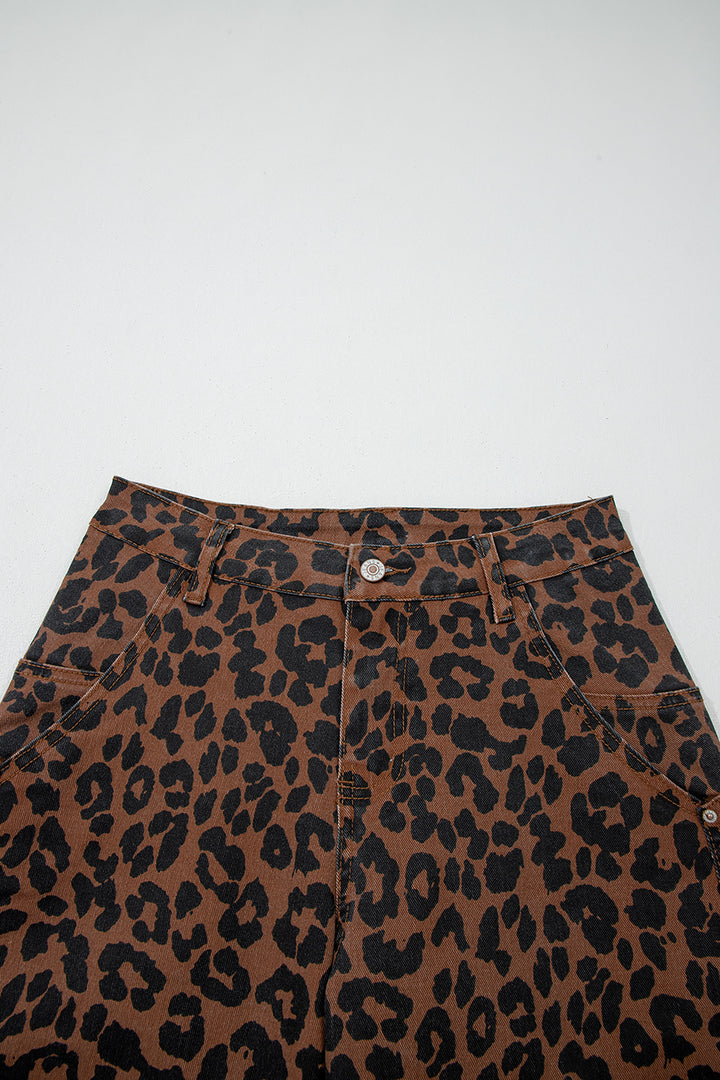 Brown Clear Seam Detail Patchwork Leopard Print Barrel Jeans