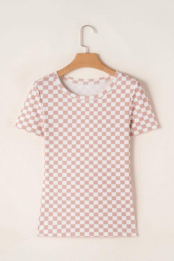 checkered ribbed slim fit crew neck t shirt