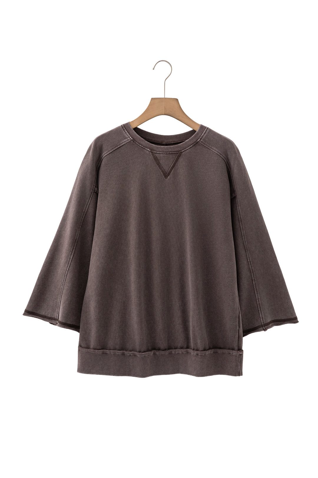 Dark Brown 3/4 Sleeve Mineral Wash Loose Cotton Top