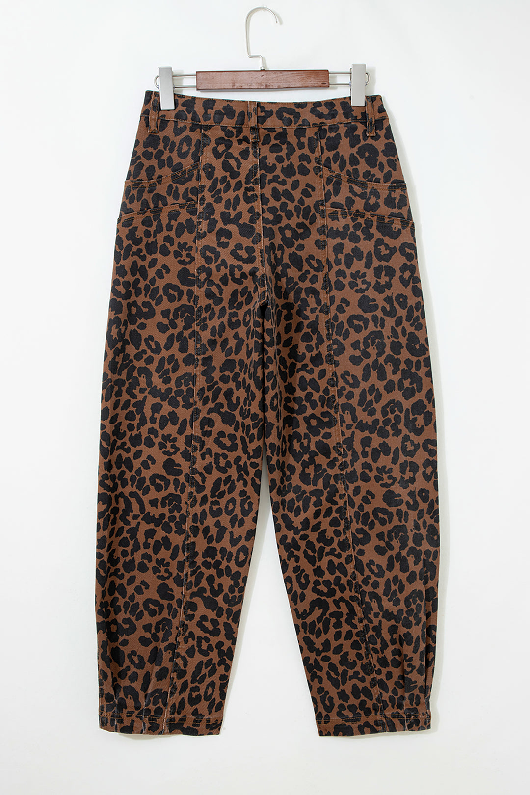 Brown Clear Seam Detail Patchwork Leopard Print Barrel Jeans